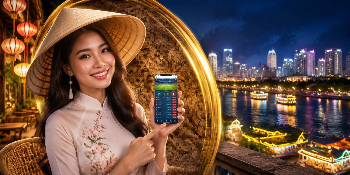 Người chơi casino di động tại vùng Mekong với nón lá truyền thống Việt Nam